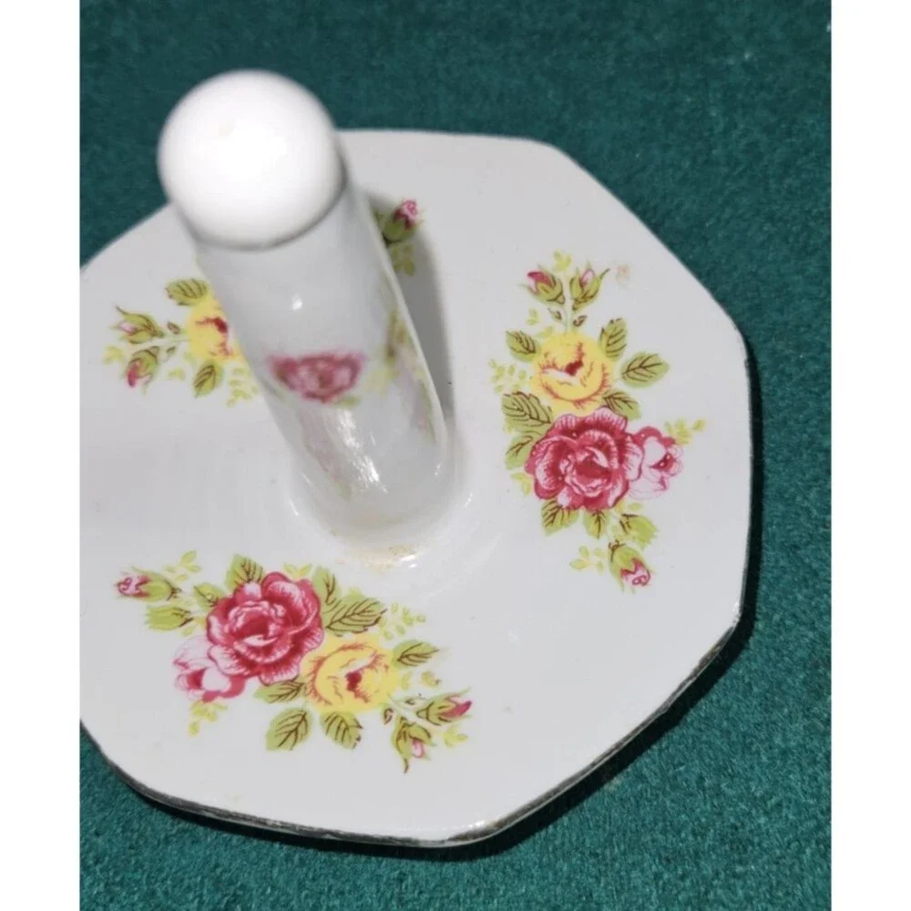 Vintage Ring Holder Dish Trinket Bone China Pink Roses Yellow Flowers